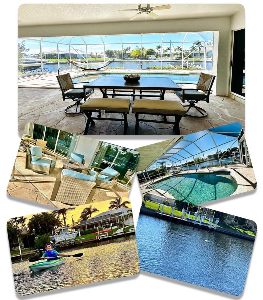 Enjoy the screened lanai, fire pit, grill, and pool. Take advantage of the provided bikes, kayaks, hammock, and the boat dock with sailboat access on the canal. The outdoor space is ideal for relaxation and fun.